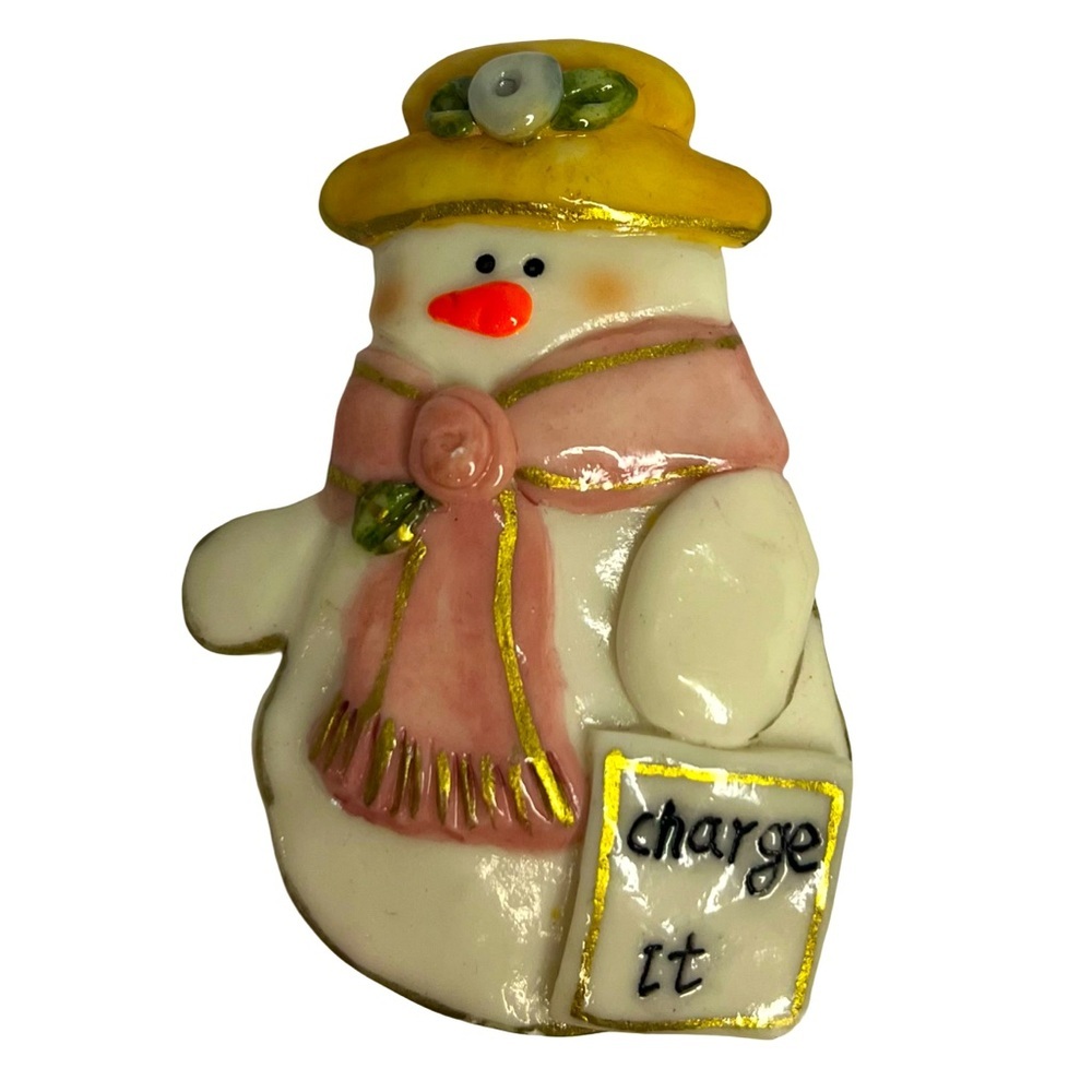 Vintage 2000 Nancye Williams Holiday Snowman Brooch- “Charge It” - Christmas